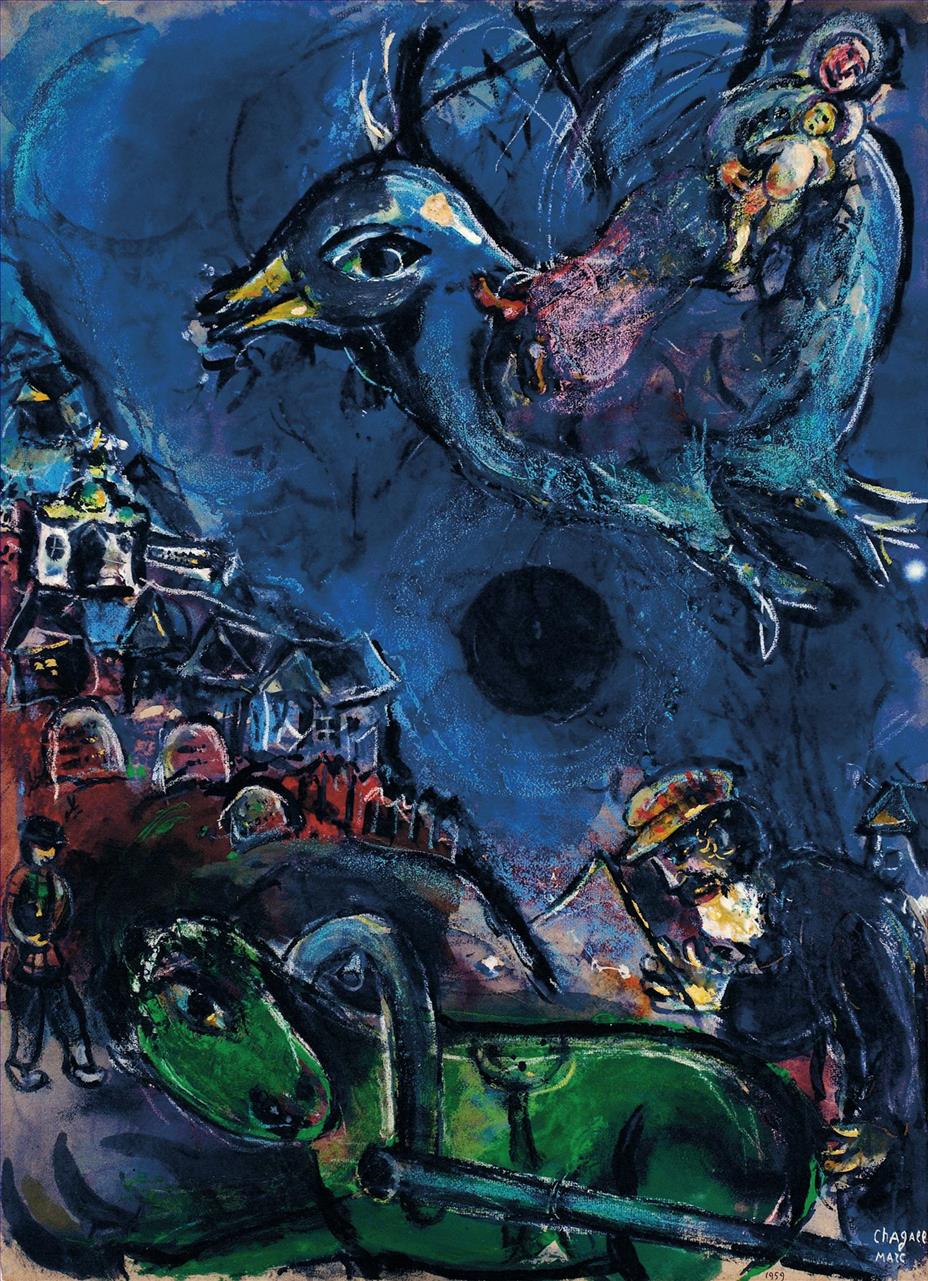 Village au Cheval Vert ou Vision à la Lune Noire contemporain Marc Chagall Peintures à l'huile